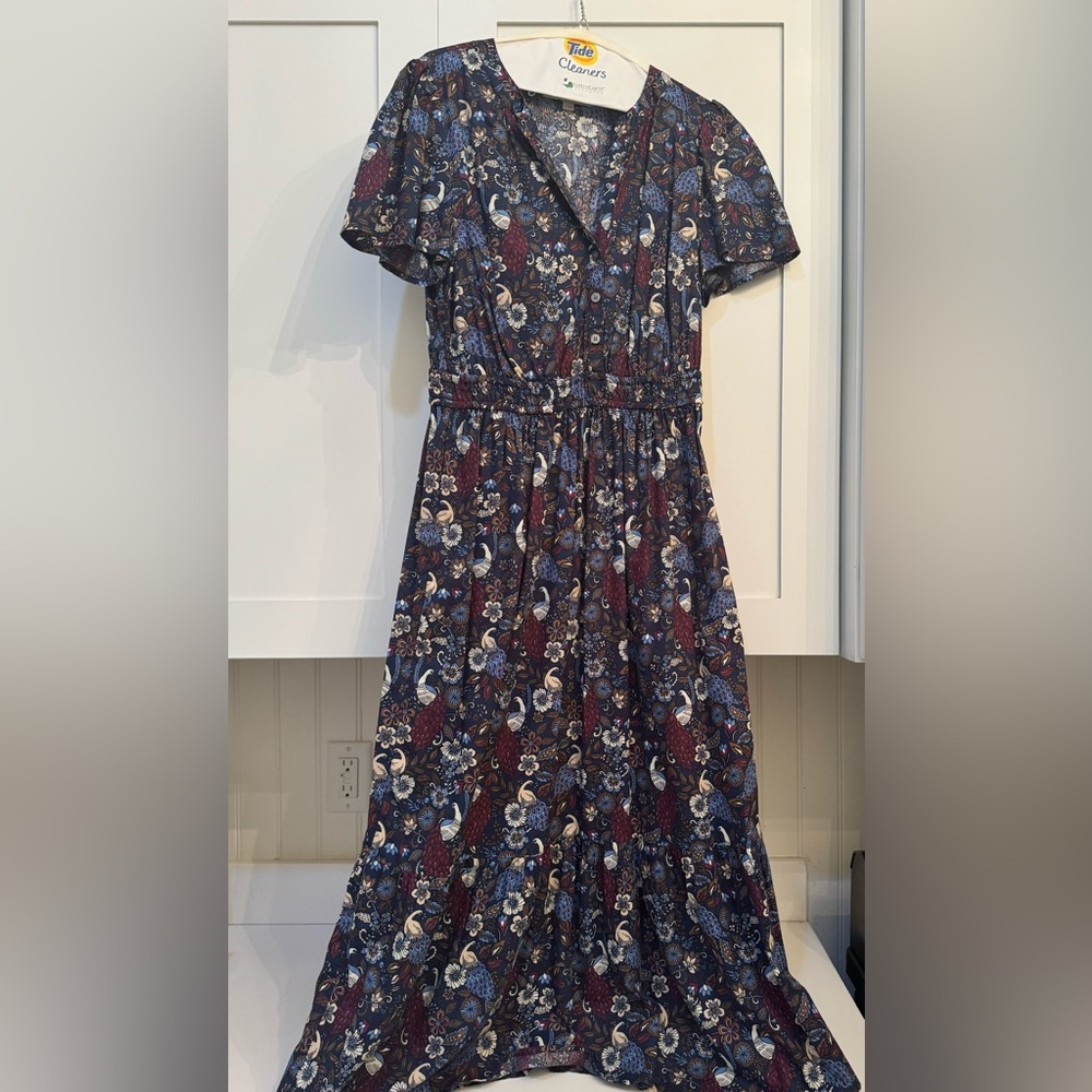 LOFT Blue and Red Floral Midi Dress